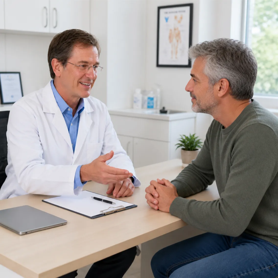 Doctor in a white coat talking with a middle-aged male patient in a medical office, sitting across a desk with a clipboard and tablet.