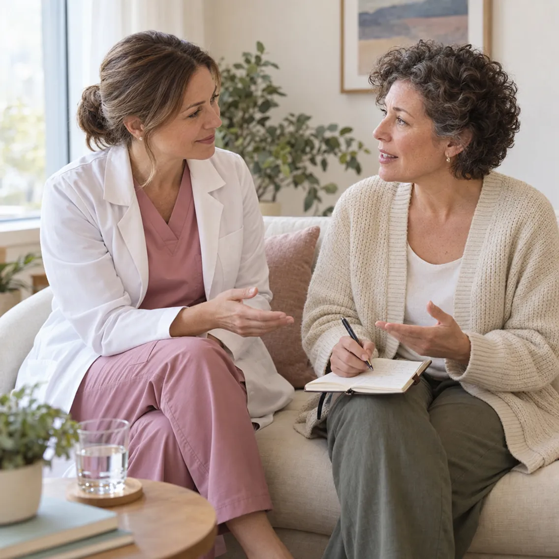 Female doctor in a white coat and pink scrubs sitting on a couch, engaged in conversation with a woman wearing a cream sweater who is holding a pen and notebook.