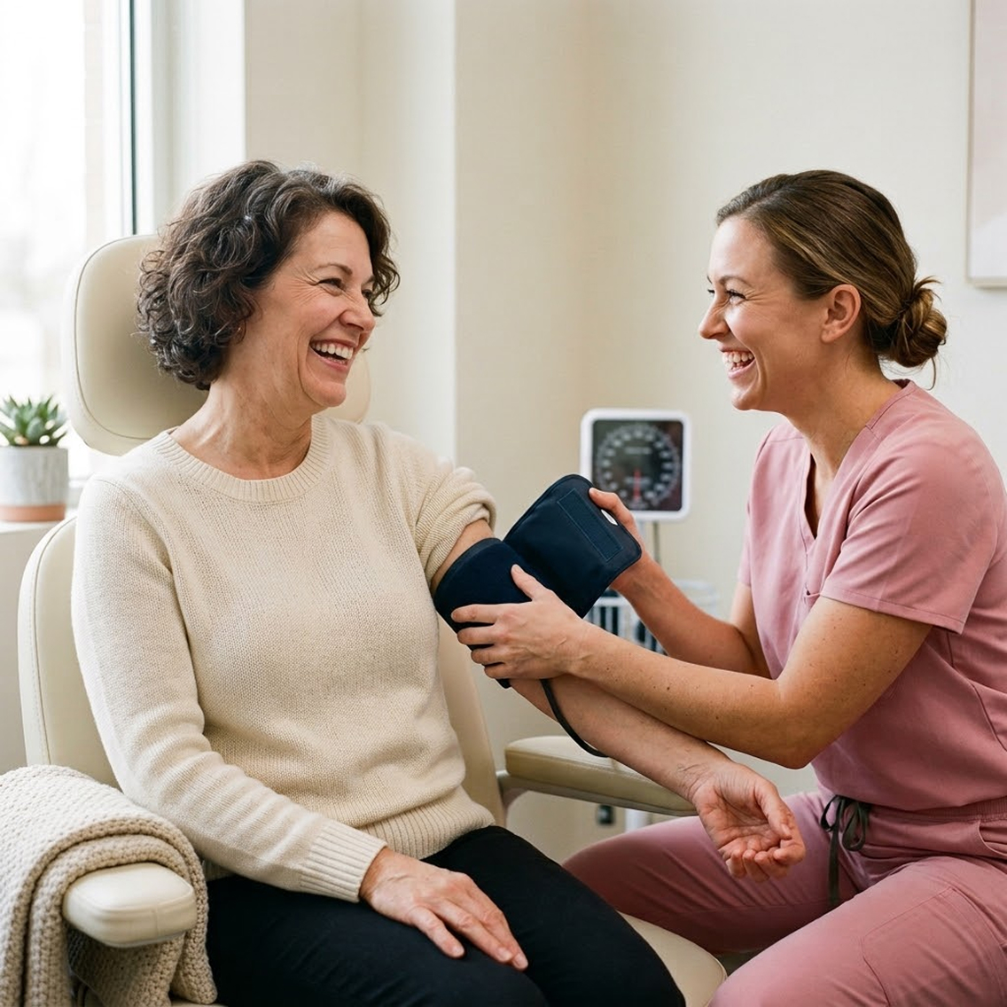 Smiling nurse in pink scrubs measuring blood pressure of a happy woman sitting in a chair in a bright medical room.