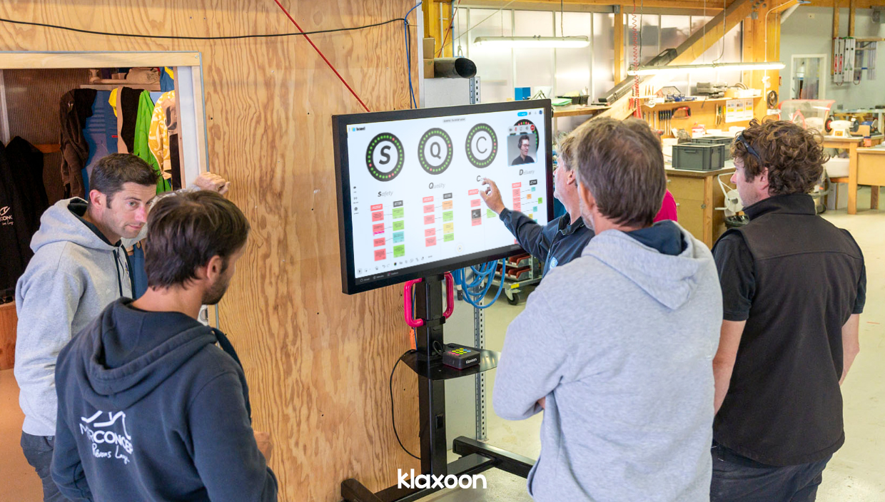 A team completes its SQCDP on a screen, using Klaxoon’s ready-to-use template. Two members are connected via the videoconferencing tool. | Klaxoon