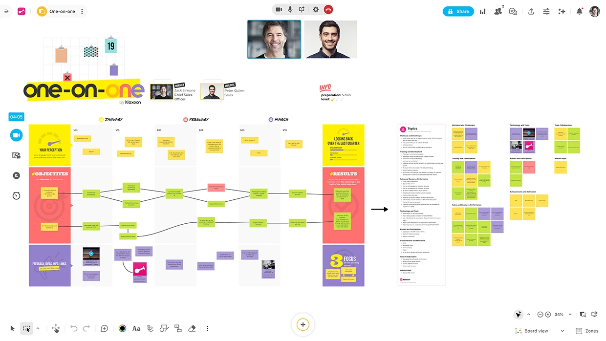 A screenshot of a Board displaying the One-on-one template with two people connected via video, a three-month conversation structure, and a categorization of ideas shared through AI. | Klaxoon 