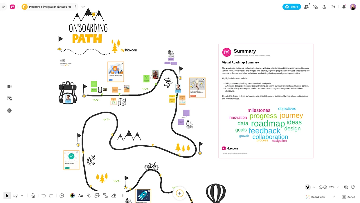 A screenshot of a Board displaying the Onboarding Path template filled with several ideas and activities, which are then summarized in a text and a word cloud using AI. | Klaxoon