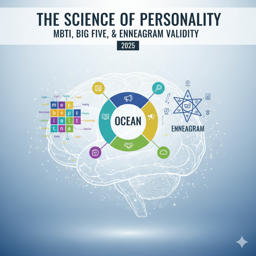 Comparison chart of MBTI, Big Five, and Enneagram personality frameworks.