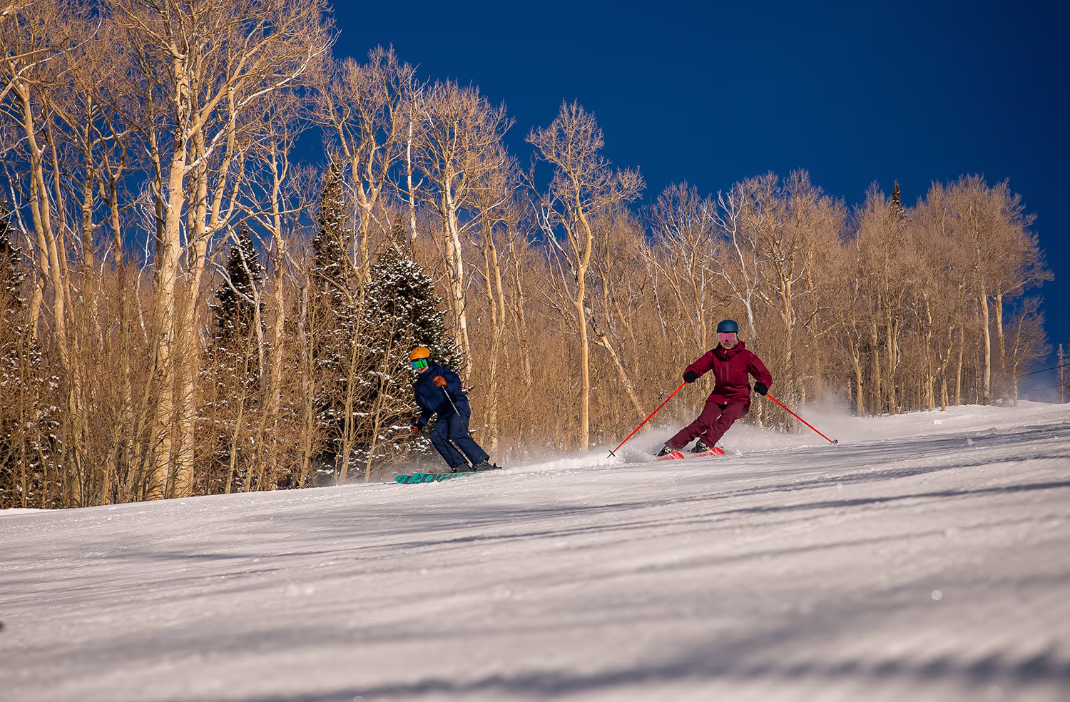 two skiers coming down the mountain