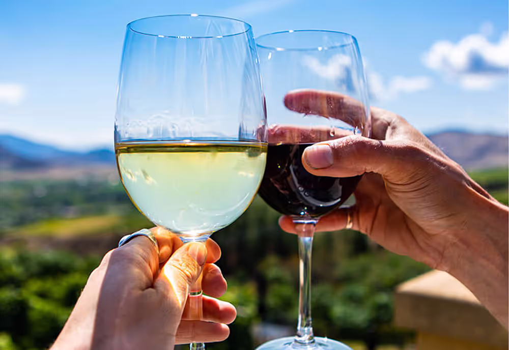 Two glasses of wine toasting together.