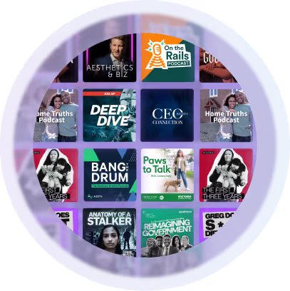 A grid of colorful podcast cover art featuring various titles and themes, including Aesthetics & Biz, On the Rails Podcast, Deep Dive, and Anatomy of a Stalker.