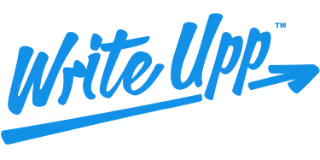 Write Upp brand logo with blue stylized text and an arrow.