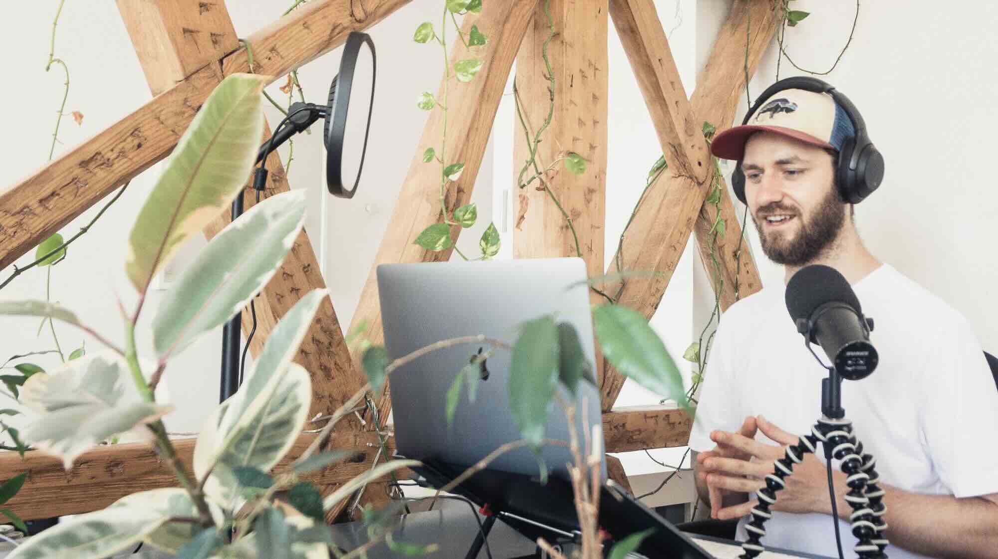 Man recording a remote podcast.