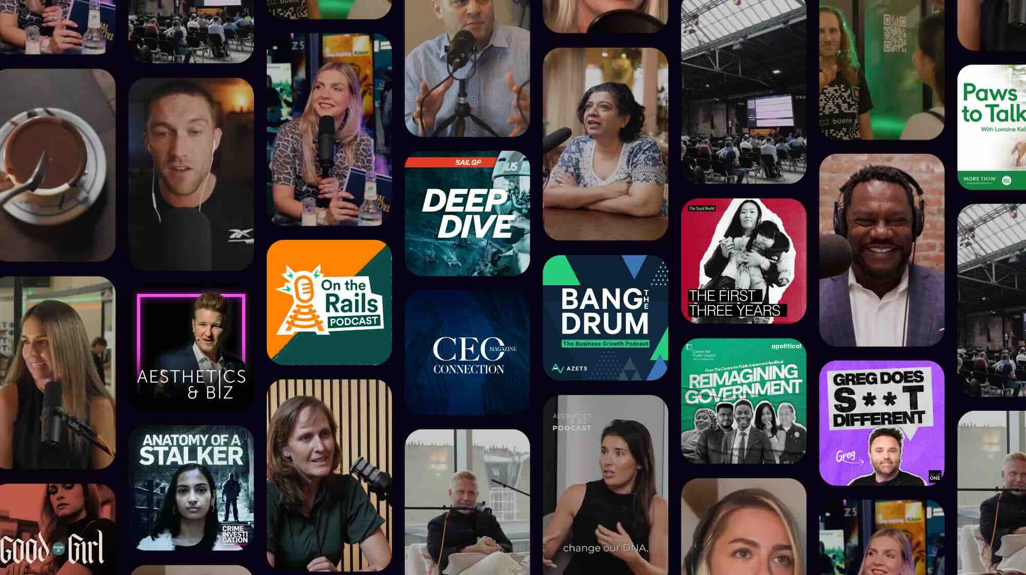 Montage of diverse podcast hosts, logos, and live audience shots in studio and event settings.