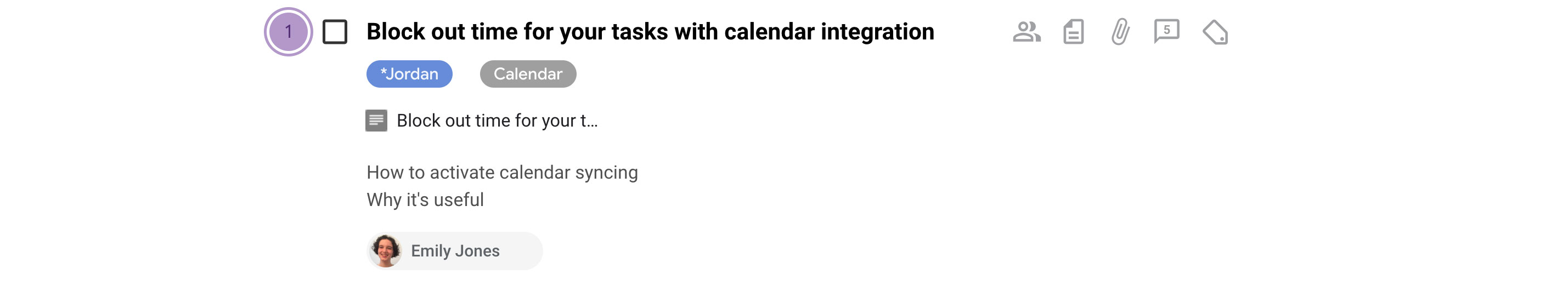 Task in GQueues that's assigned to Emily with tags, notes, attached files, and five comments