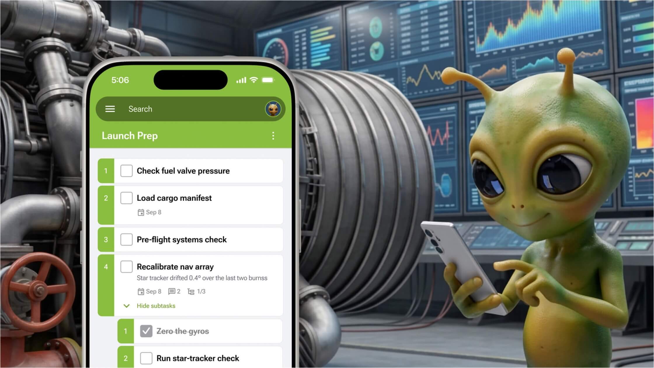 The redesigned GQueues mobile app showing a Launch Prep queue with tasks and subtasks, next to a friendly green alien checking a phone in a spacecraft control room