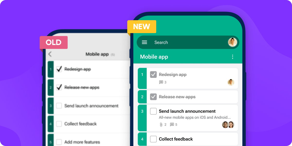 The old GQueues mobile app next to the redesigned version
