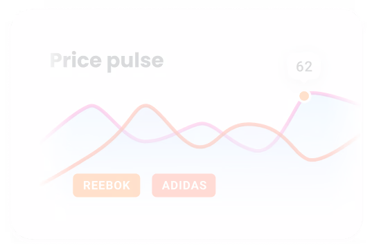Line graph titled 'Price pulse' showing overlapping price trends for Reebok and Adidas with a data point highlighted at 62.