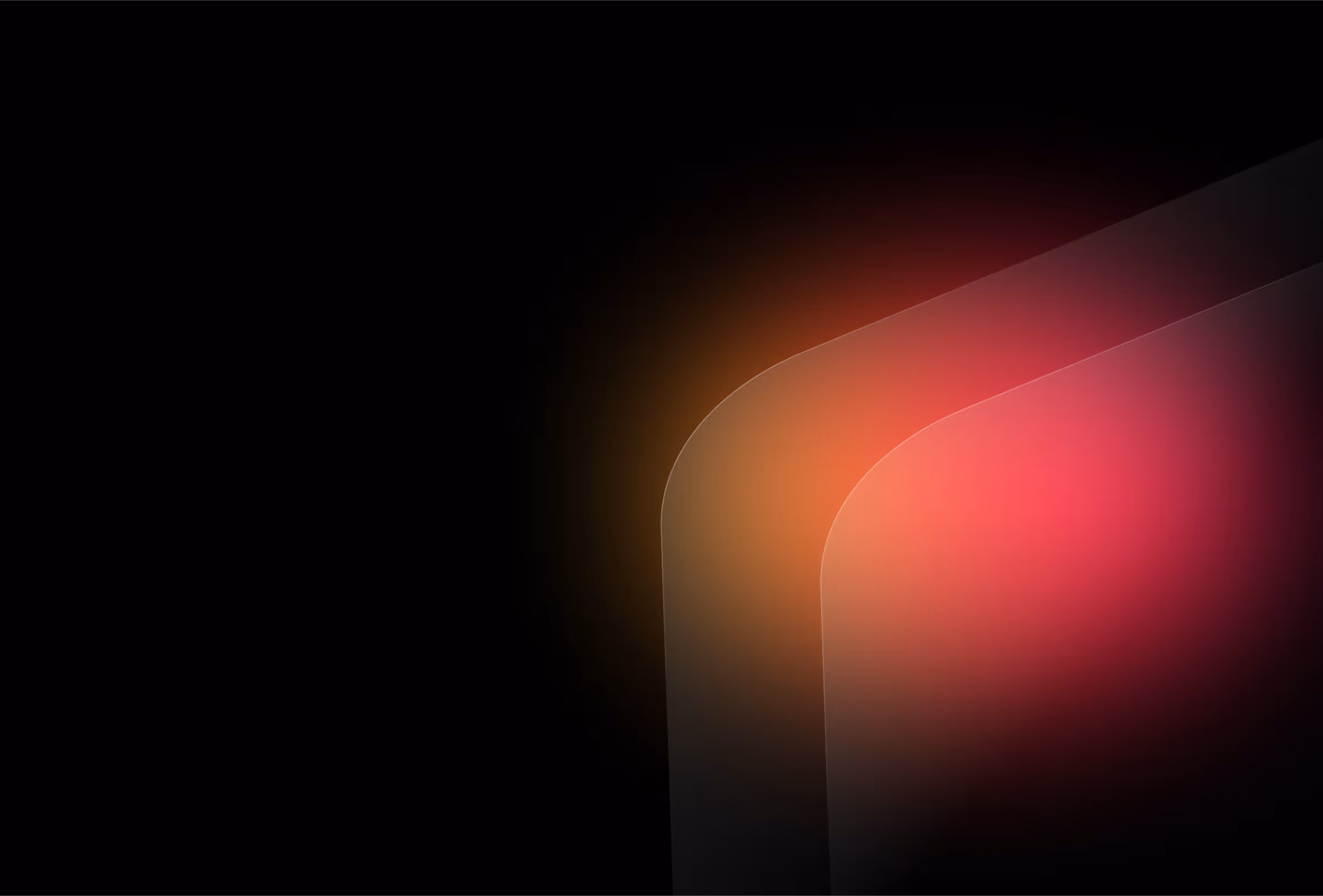 Abstract dark background with layered rounded shapes glowing in orange and pink hues on the right side.