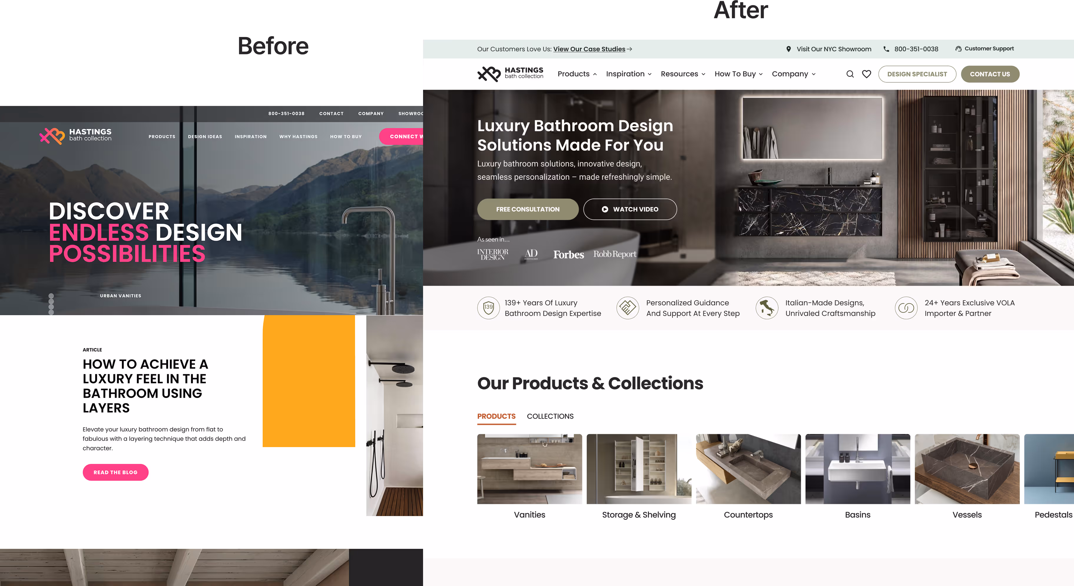 Side-by-side comparison of a bathroom design website before and after redesign, showing improved layout, clearer product sections, and updated visuals.