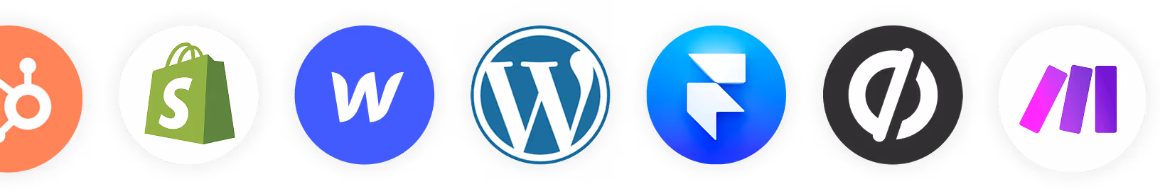 Logos of popular business and web platforms: HubSpot, Shopify, Webflow, WordPress, Figma, QuickBooks, and Monday.com.