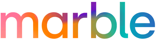 The word 'marble' displayed in lowercase letters with a gradient color effect transitioning from pink and orange to blue and green on a transparent background.