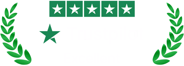 Trustpilot five-star rating with a green star icon and green laurel branches on a black background.
