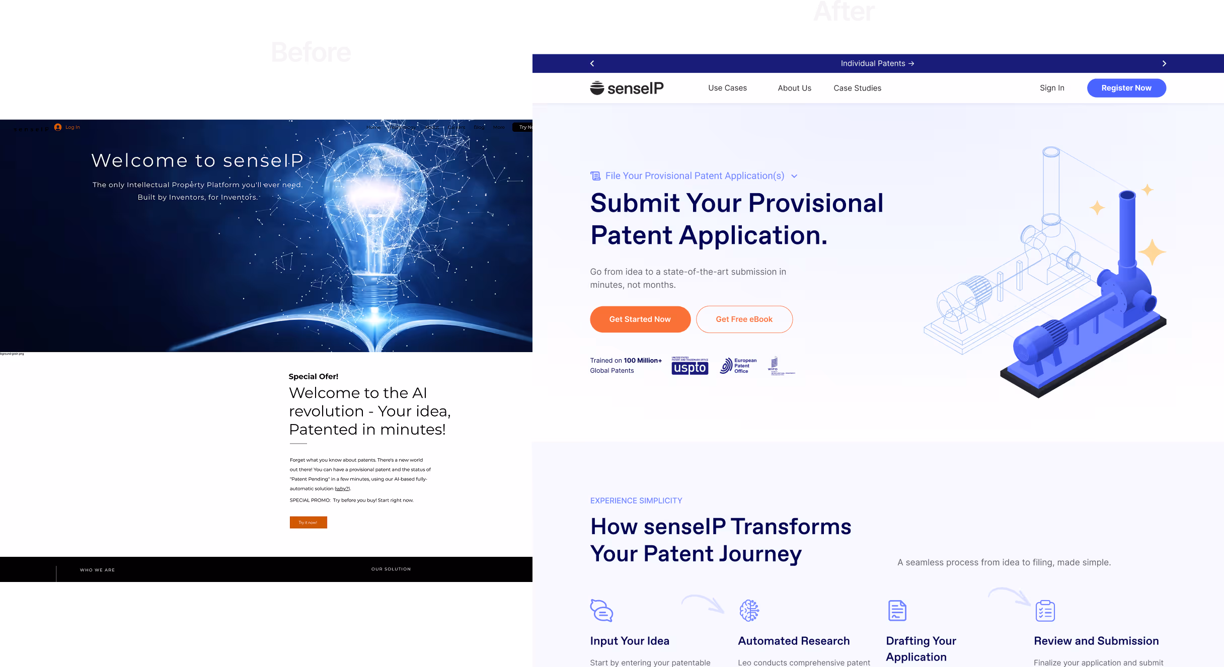 senseIP homepage featuring AI-powered provisional patent application submission, with a glowing lightbulb over an open book and an illustration of a mechanical device.