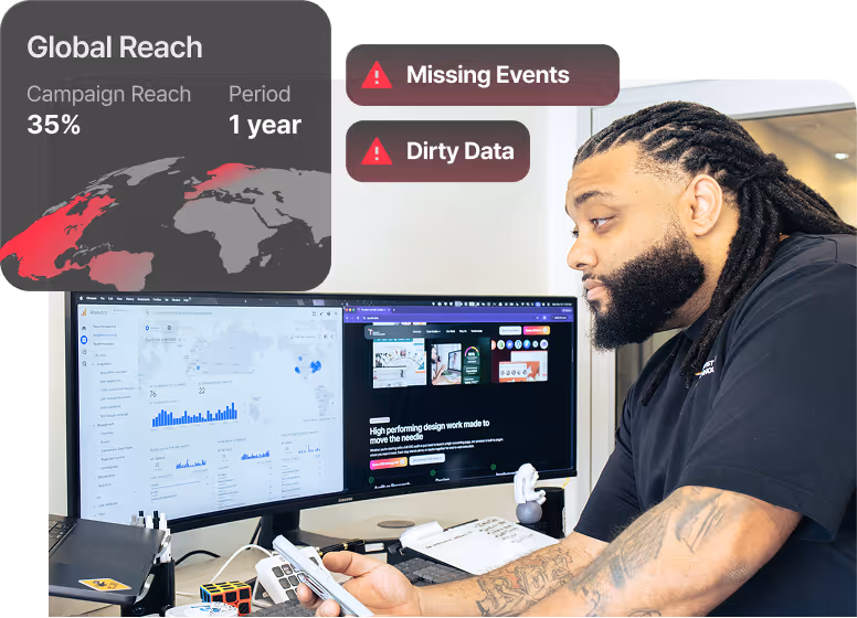 Man with braided hair and tattoos working at a desk with dual monitors showing data analytics and design websites.