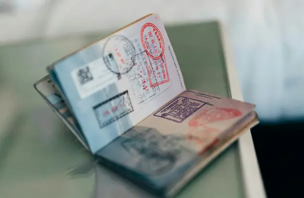 An open passport with several stamps inside