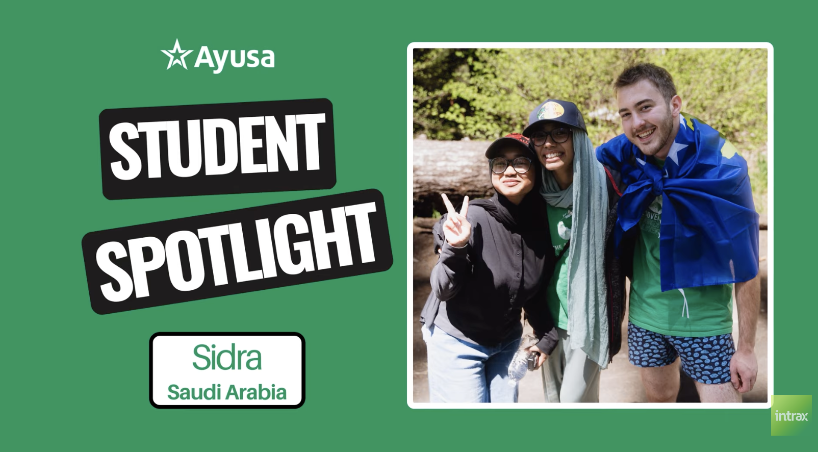 Ayusa Student Spotlight: Sidra from Saudi Arabia posing outdoors with two fellow students.