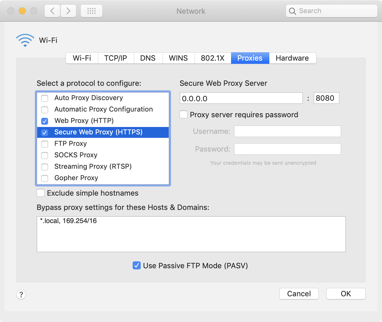 Network proxy settings set