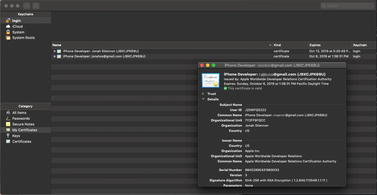 keychain access app with certificate details