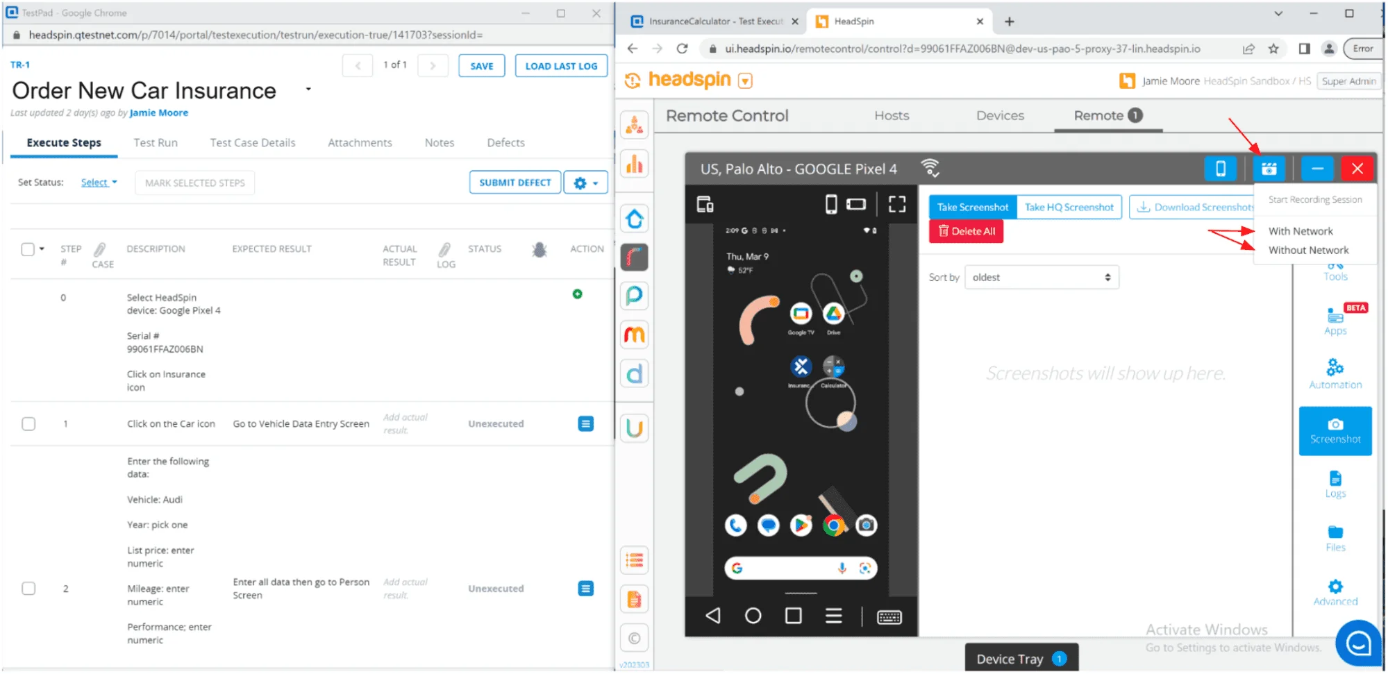 Dashboard with network tab