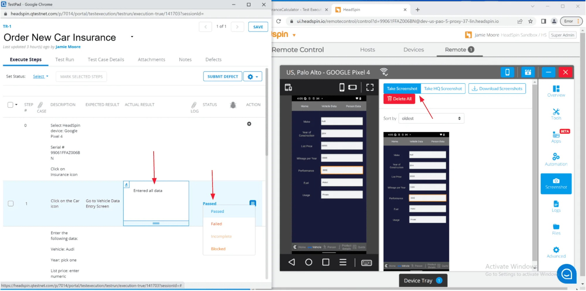 Dashboard with result