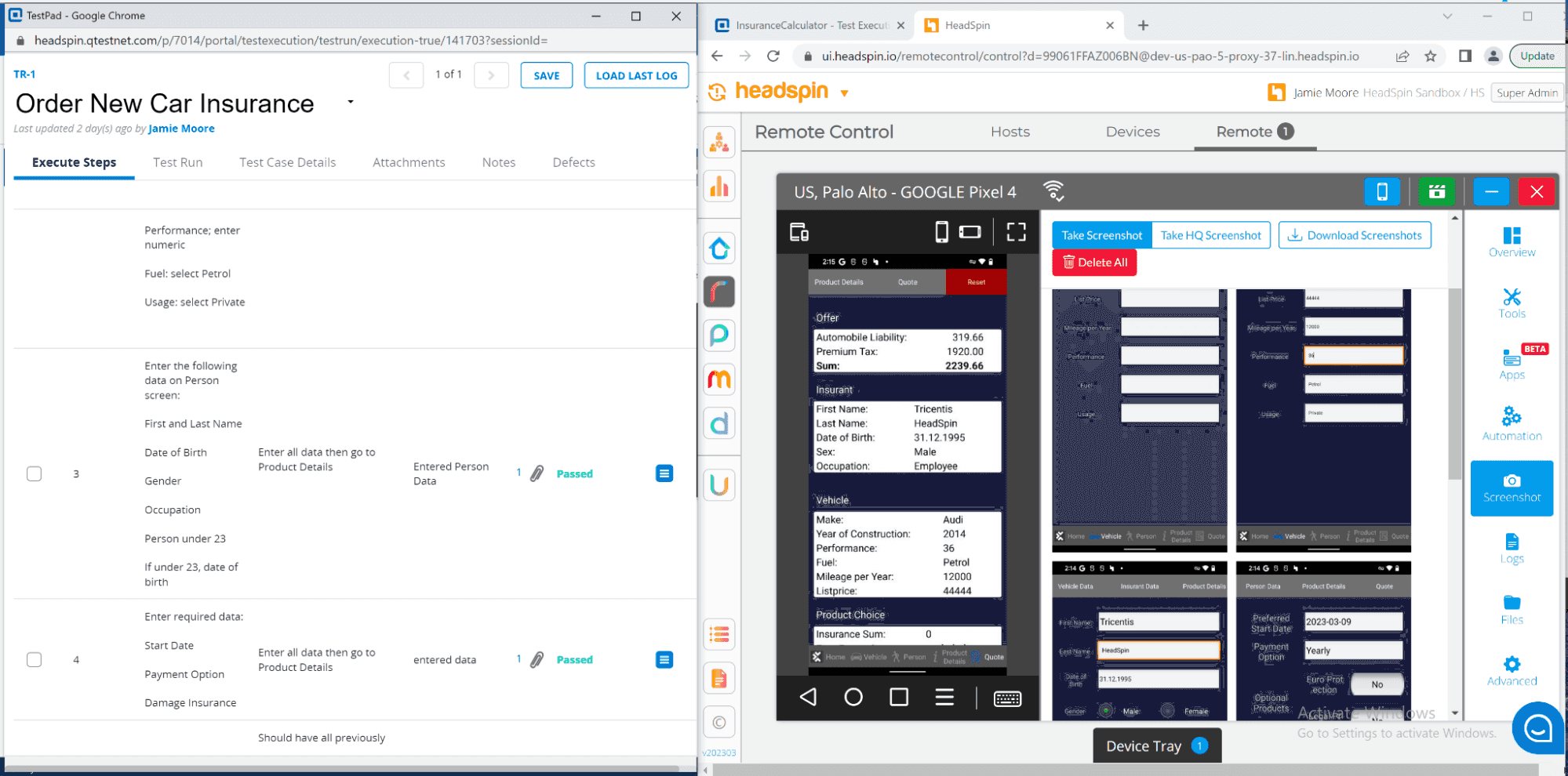 Dashboard with all test case