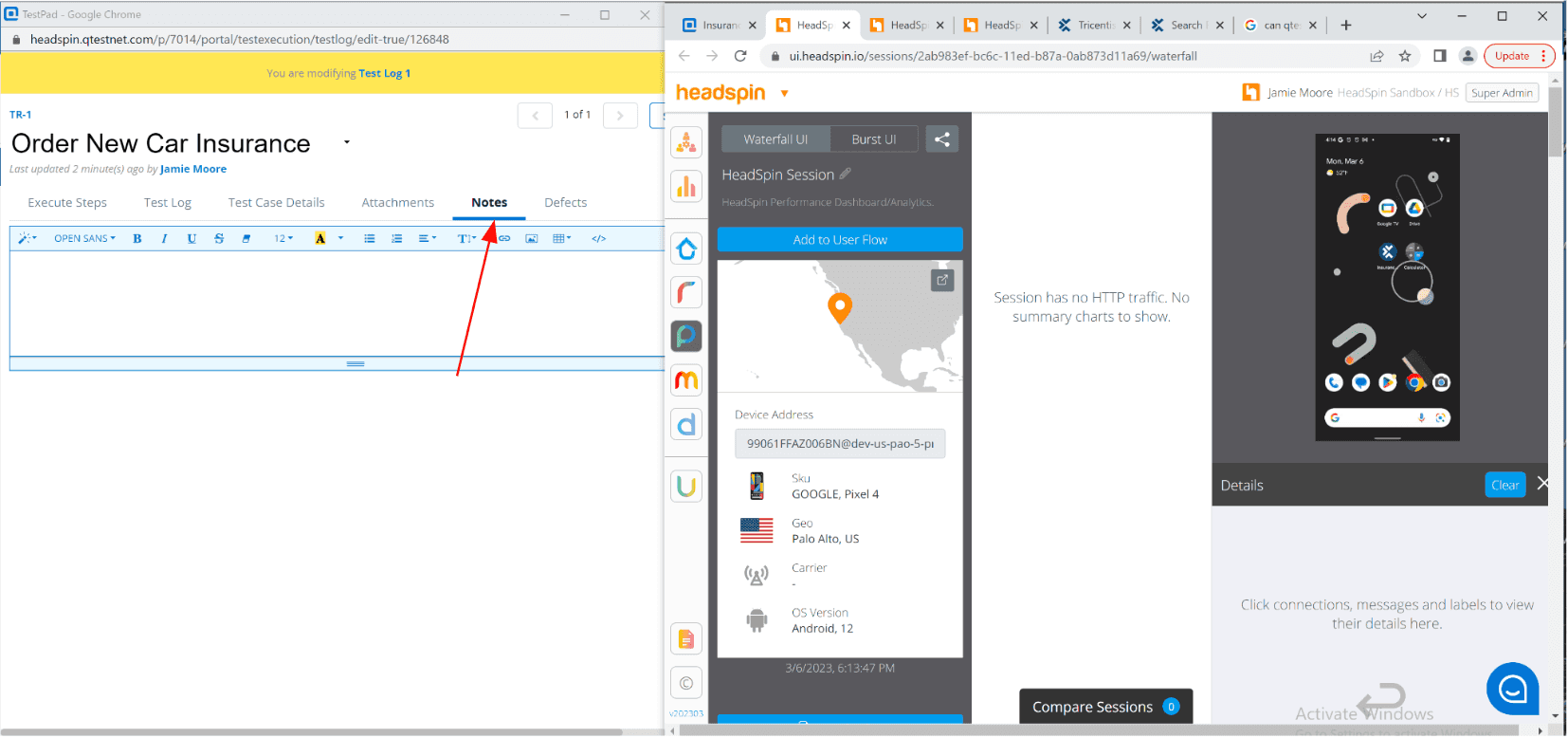 Notes section-in test log