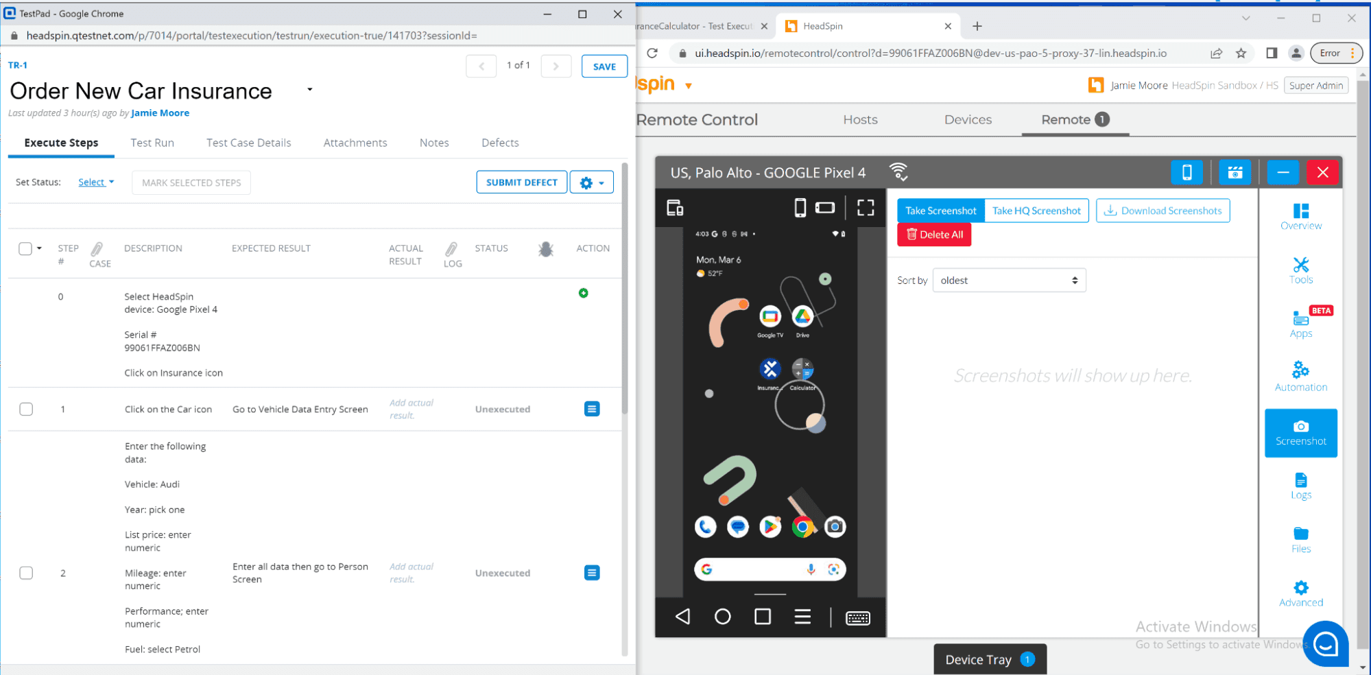 Headpin test dashboard