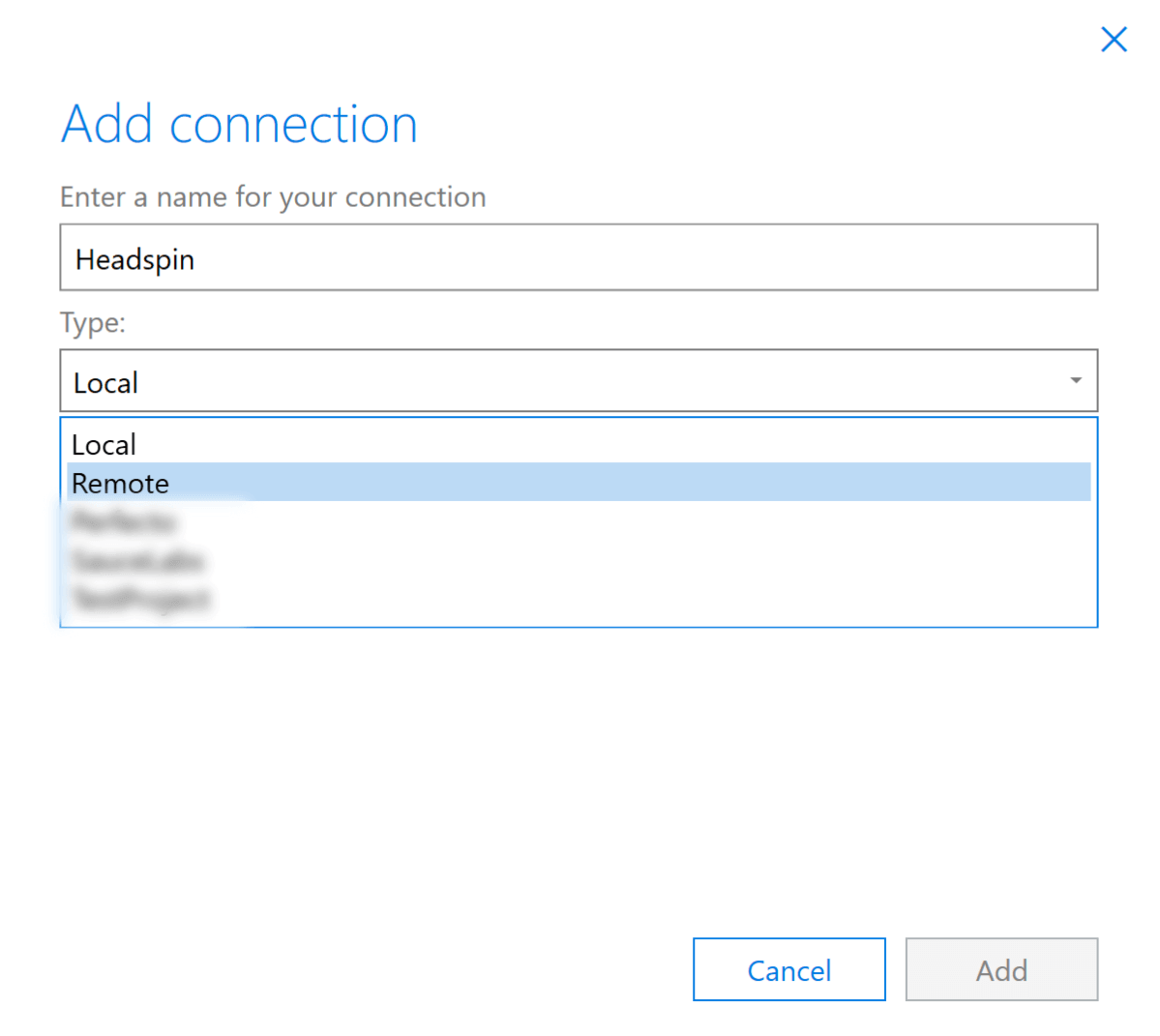 Image of the page where you can enter the name and type of connection you're adding.
