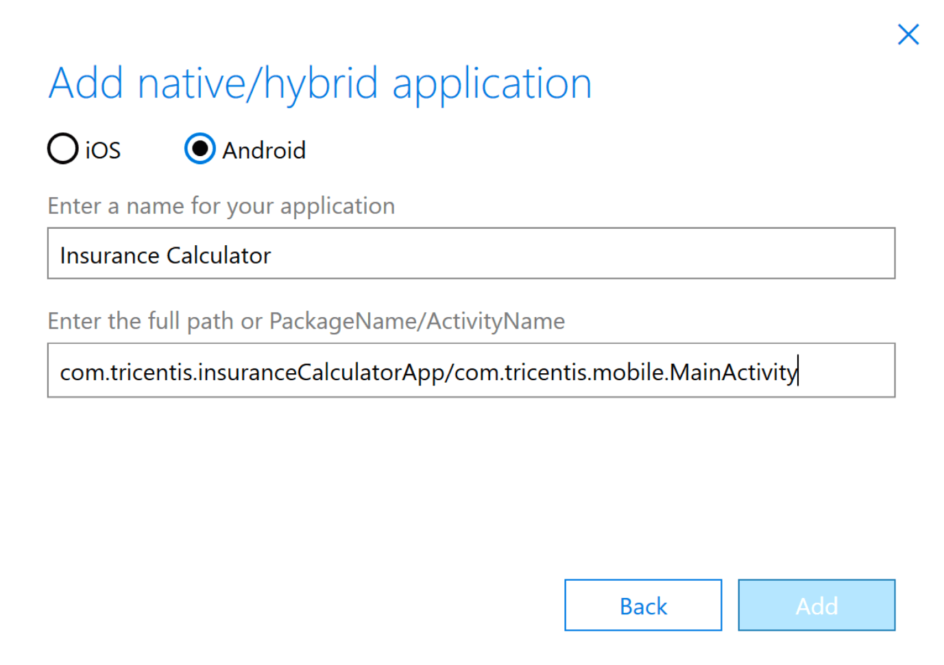 Image showing the native/hybrid add app section where you can select either iOS or Android.
