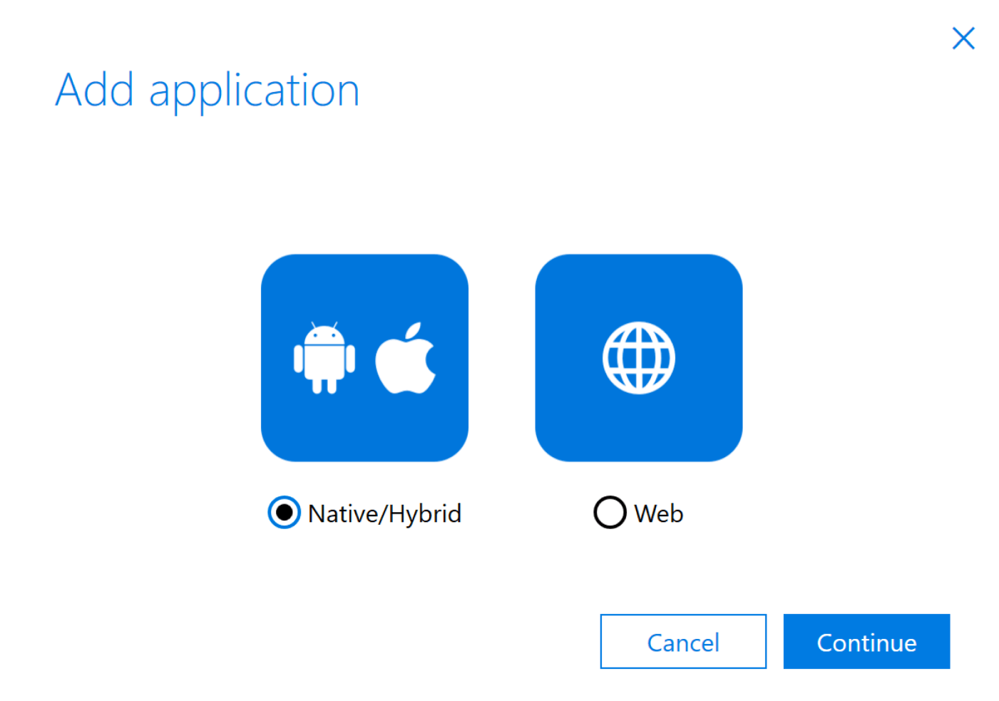 Image showing the add app section where you can add with native/hybrid or web apps