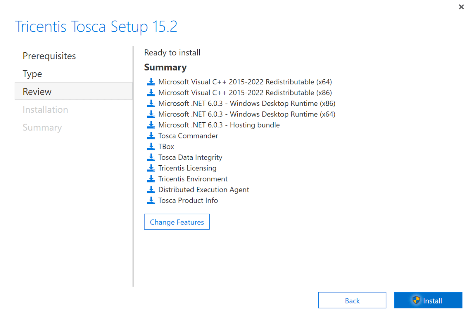 summary of the installation setup and the installation button