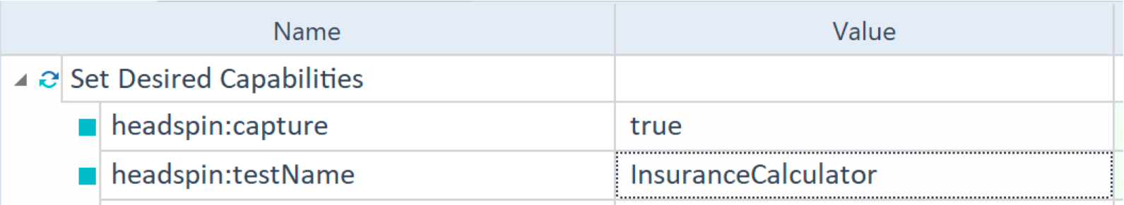Screenshot of HeadSpin specific desired capabilities like, "headspin:capture" and "headspin:testName"