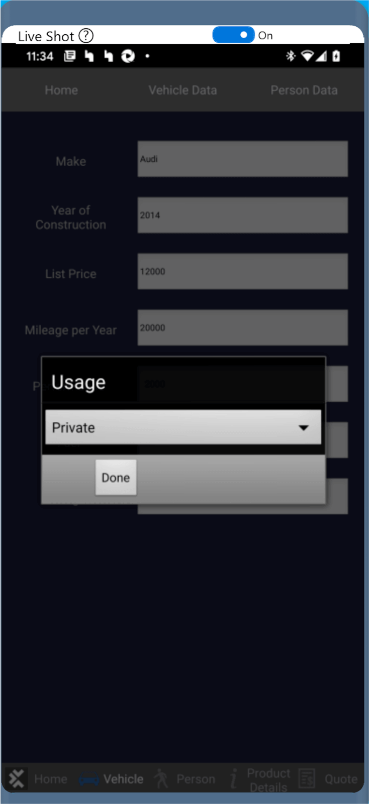 Screenshot of live view
