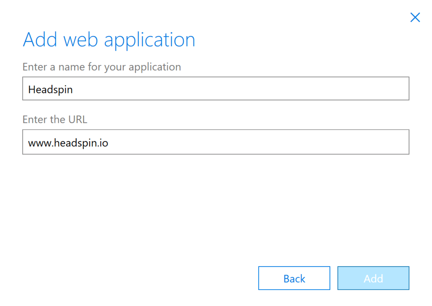 Image showing the web add app section where you enter the name and URL
