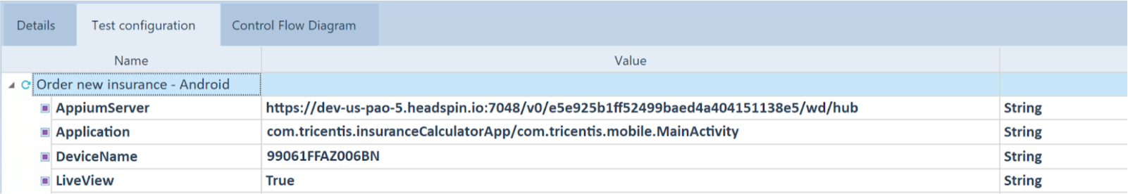 Screenshot showing the test configuration page.