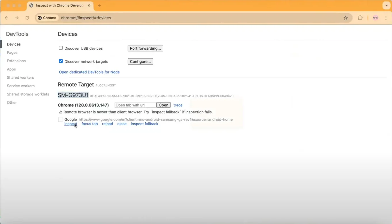 6. Select your remote device and click inspect.