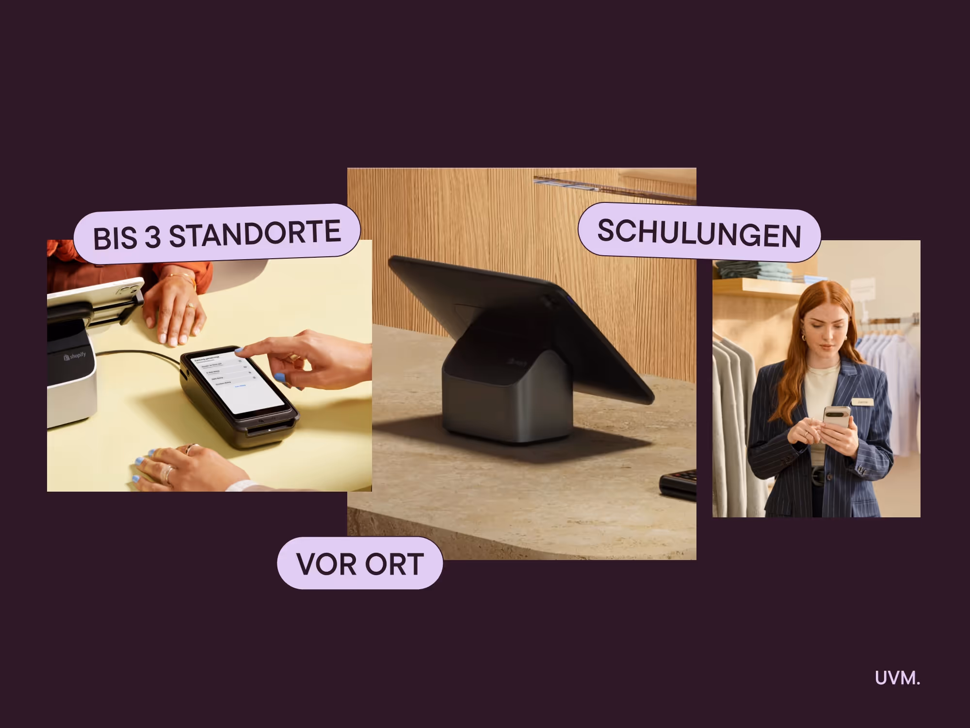 Infografik für das POS Paket L: Inkl. 3 Standorten, Workshops vor Ort und Schulungen. Zu sehen sind eine Mitarbeiterin, ein Zahlungsterminal und ein EC-Gerät.