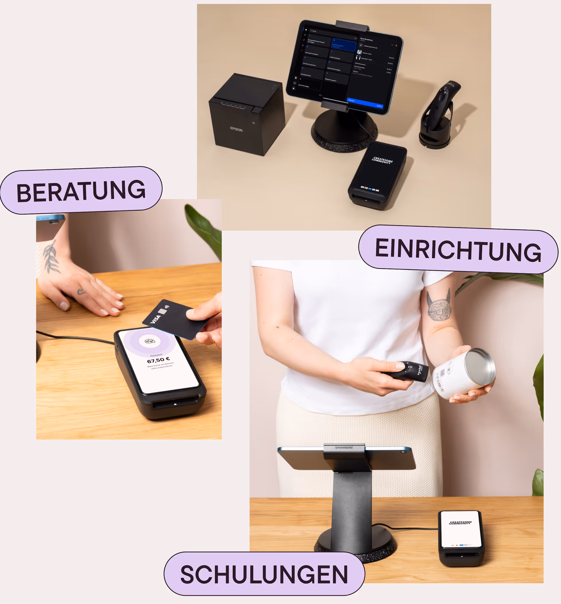 Person scannt ein Produkt mit einem Handscanner vor einem Tablet auf einem Tisch, daneben Kartenlesegerät; Kartenzahlung wird mit Karte an einem Kartenlesegerät durchgeführt.