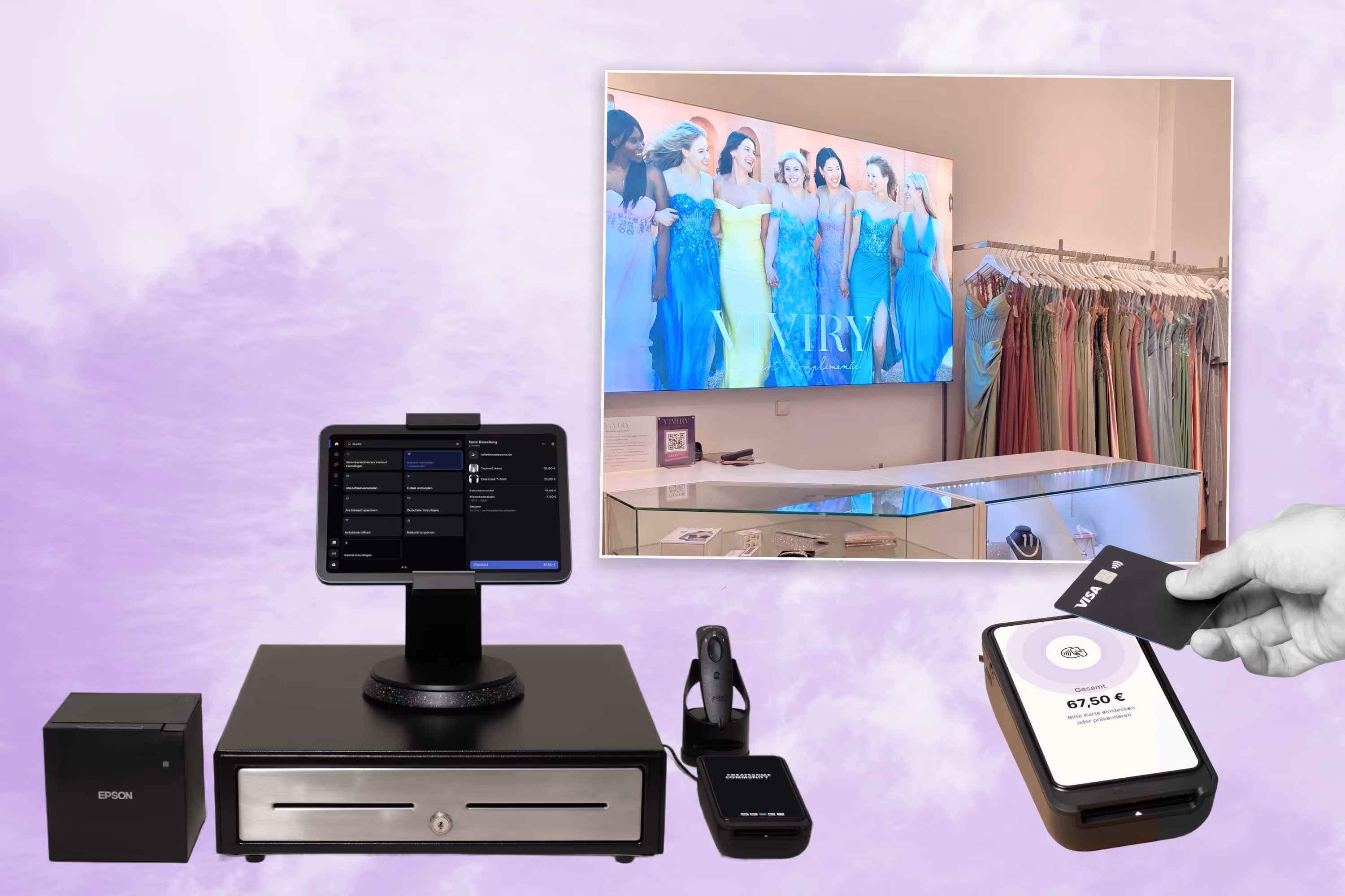 POS-Kassensystem mit Touchscreen, Belegdrucker, Barcodeleser und kontaktlosem Zahlungsgerät, daneben ein Bildschirm mit Frauen in Abendkleidern und Kleiderständer.