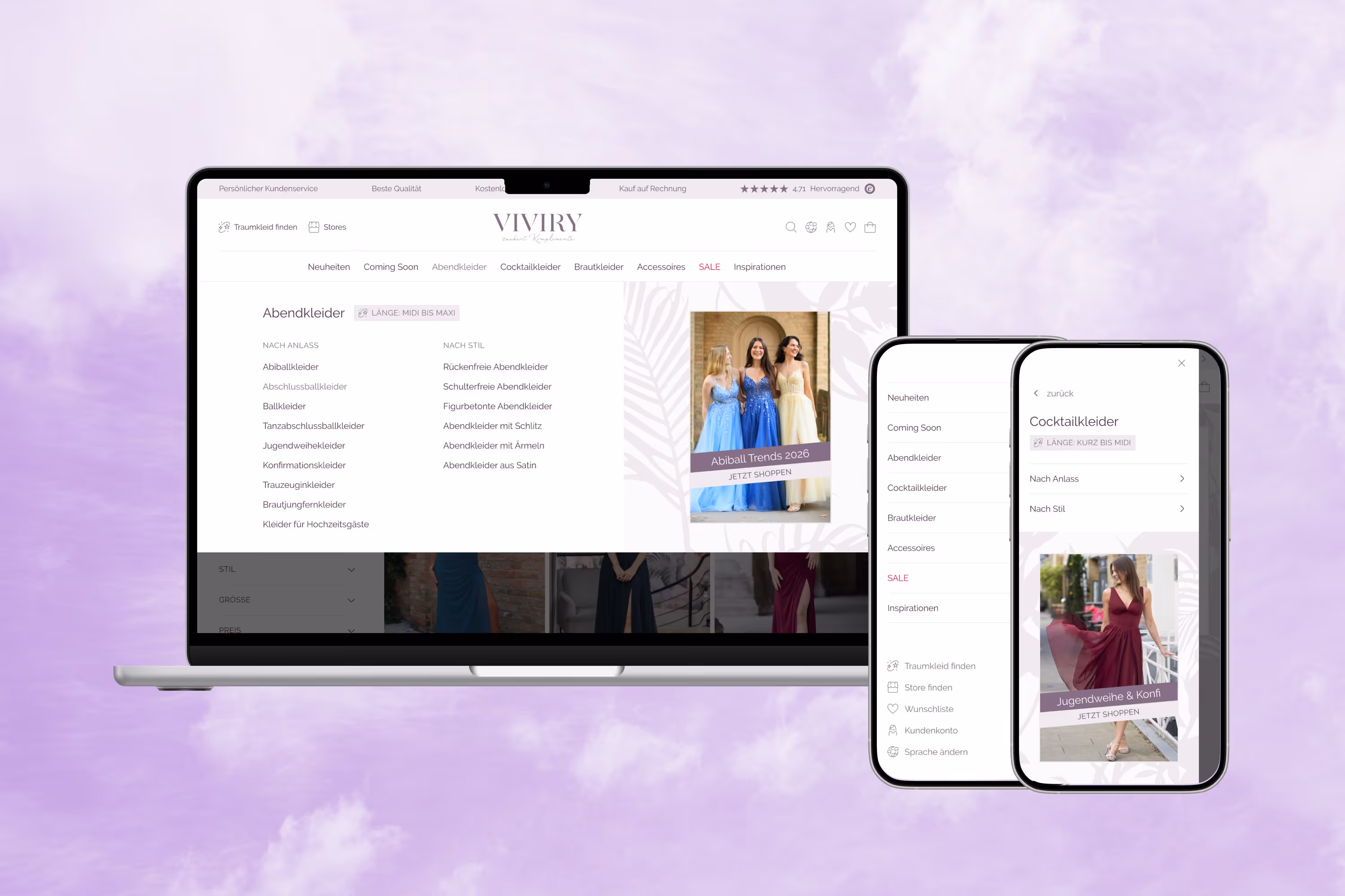 Online-Shop von Viviry für Abend- und Cocktailkleider auf Laptop- und Smartphone-Bildschirmen, mit Kategorien und Angeboten.
