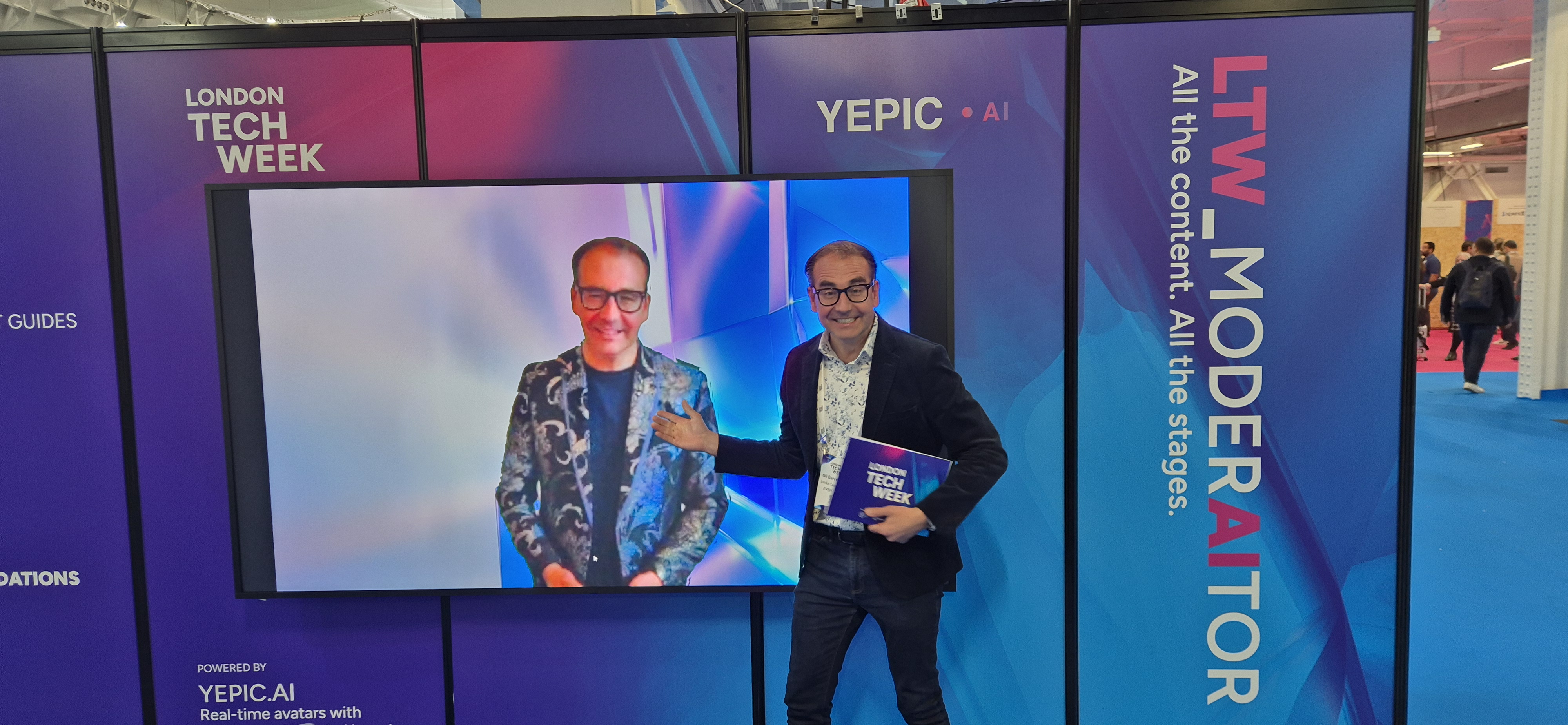 Oli Barrett beside his live Yepic AI persona at London Tech Week
