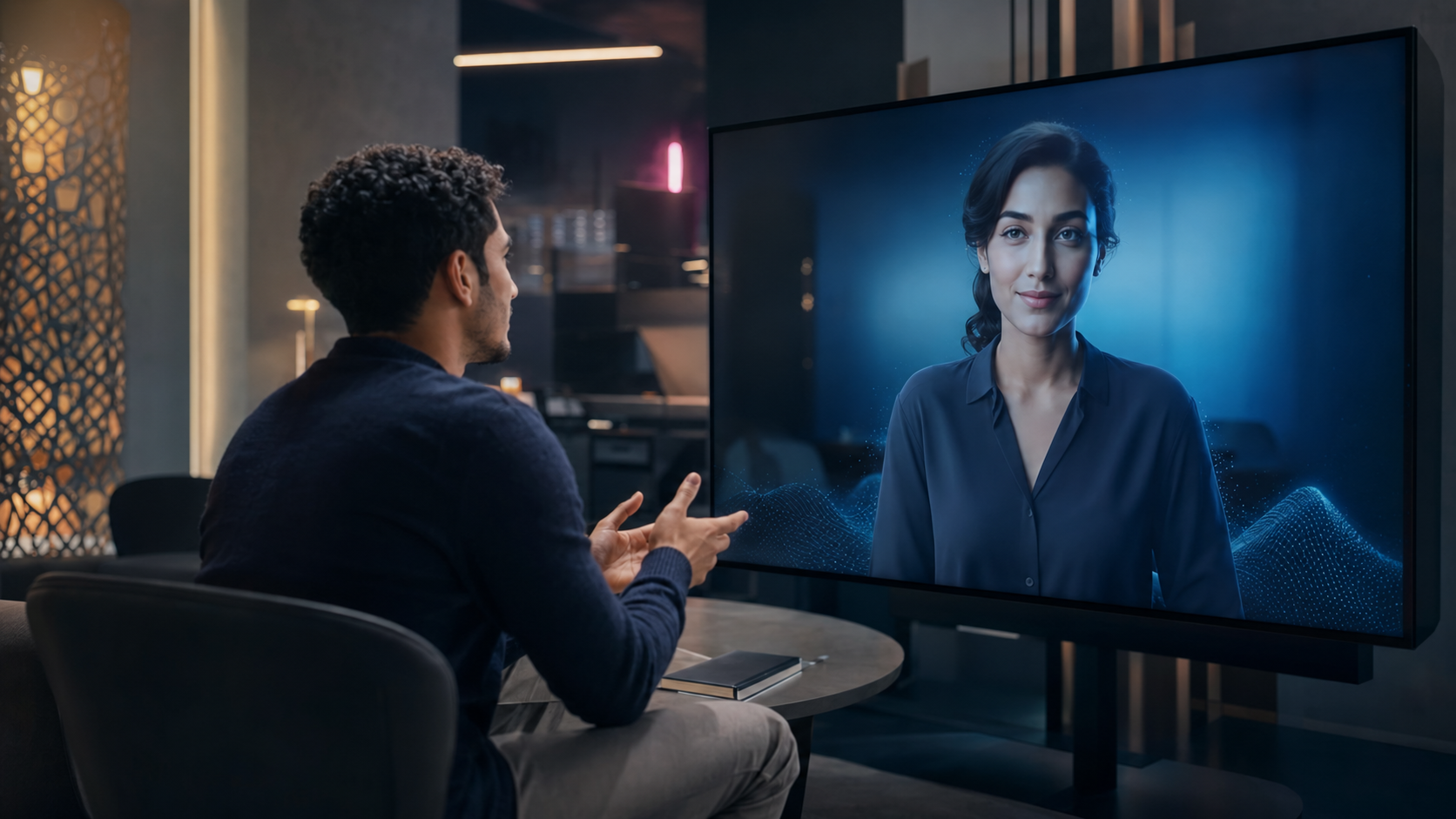 A learner practising an interview with an AI role-play training avatar
