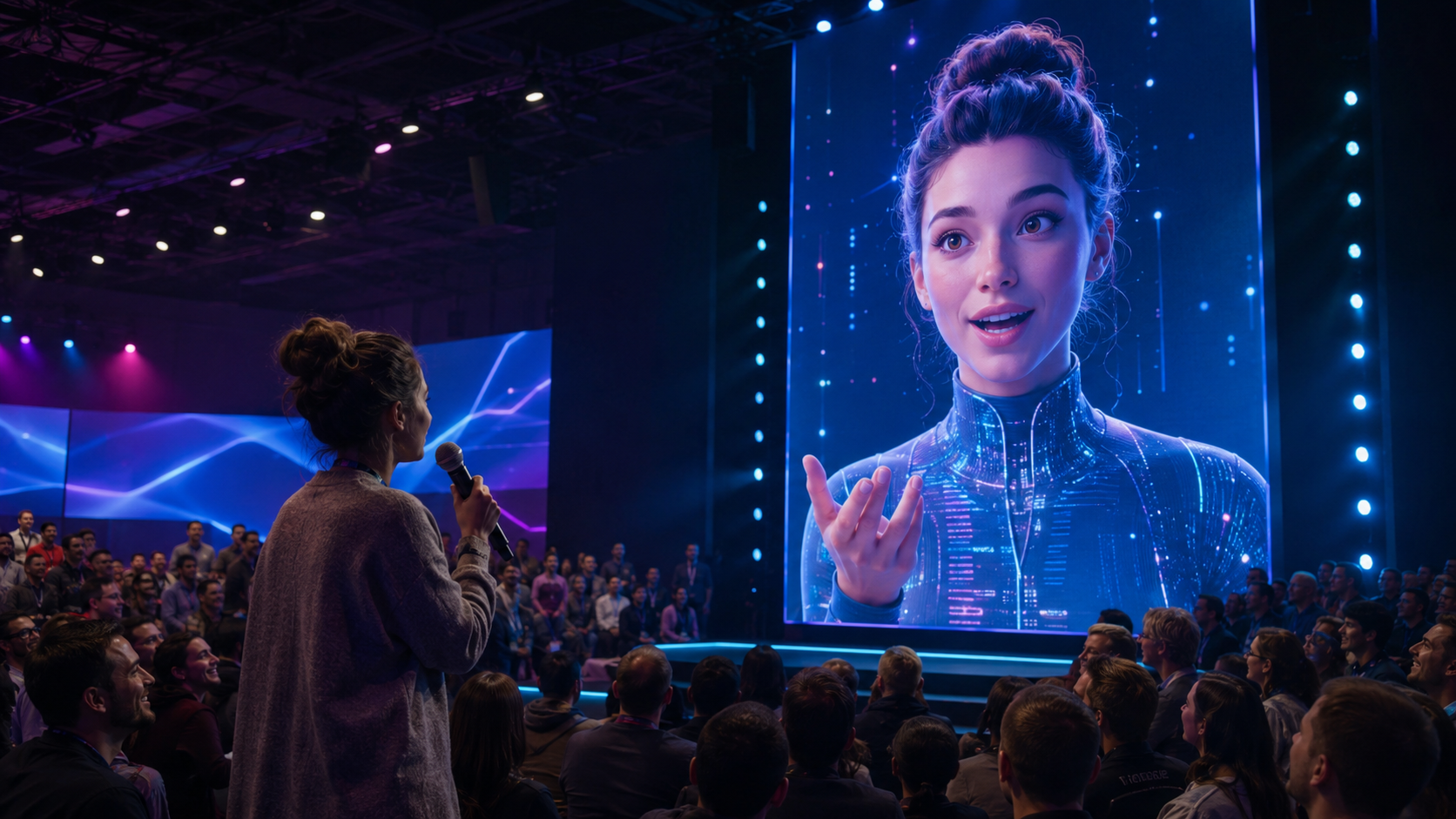 A live audience interacting with a large AI event avatar persona