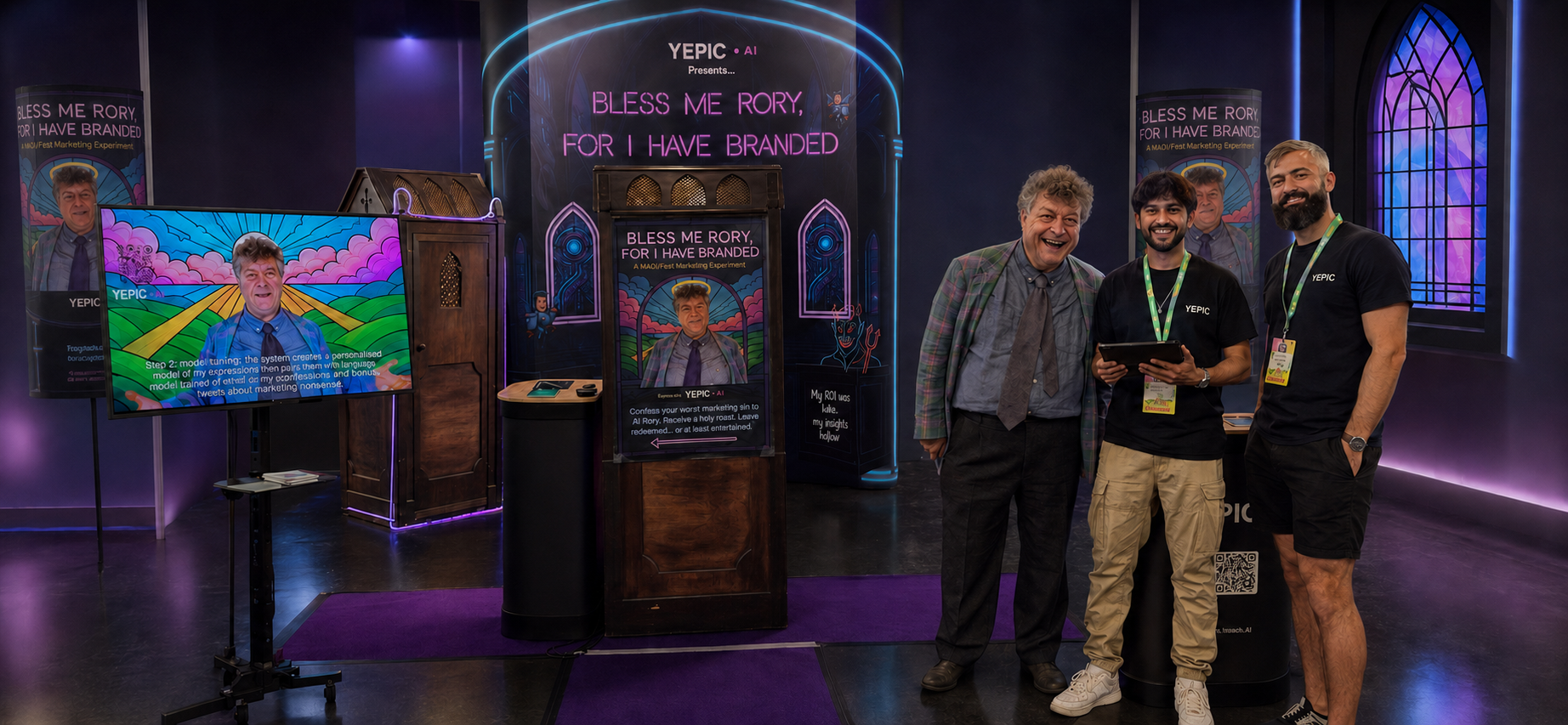 Rory Sutherland with the Yepic team and the Bless Me Rory live AI persona installation at MADFest